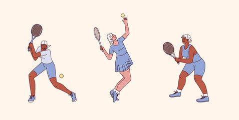 Senior Women Playing Tennis. Three Female Characters in Action with Rackets and Ball. Sport Activity, Movement, Fitness, Health. Colored Flat Vector Illustration Isolated on Light Background.