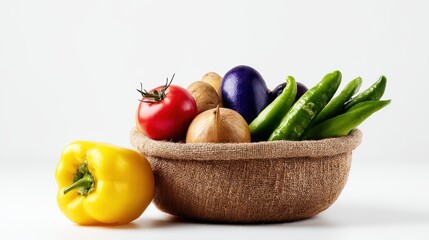 A vibrant collection of fresh vegetables including tomatoes, potatoes, eggplant, onions, peppers and green chilies sits in a rustic burlap bowl on a clean white background.