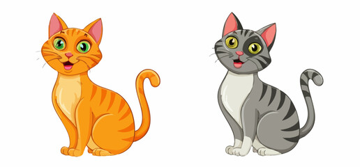 Two Cartoon Cats Sitting Orange and Gray Tabby. Vector Image