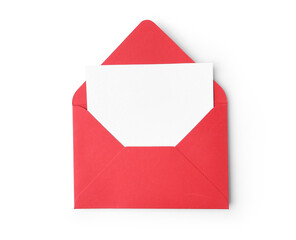 Blank greeting card in red paper envelope on white background, top view