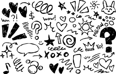 Doodle sketch set with music, love, stars, hearts and fun hand drawn elements. Perfect for creative design and decoration.
