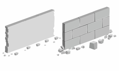 Isometric Damaged Concrete and Brick Walls. Vector Image