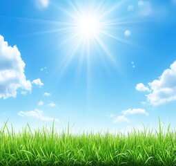 Obraz premium Bright sunny day over a field of vibrant green grass. A clear blue sky with fluffy white clouds. Sunlight radiates powerfully