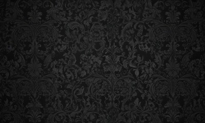 Seamless black gothic wallpaper; intricate floral damask pattern with swirling vines , detail, art, sophisticated