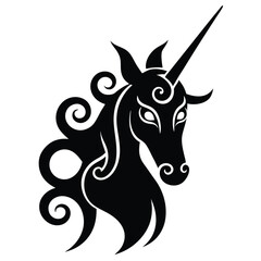 Elegant Black Unicorn Head Illustration Mystical Creature Design
