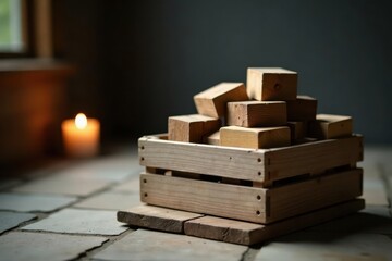 Wooden crate filled with various sized unfinished wood blocks, sitting on rustic tile floor near a soft candlelight glow