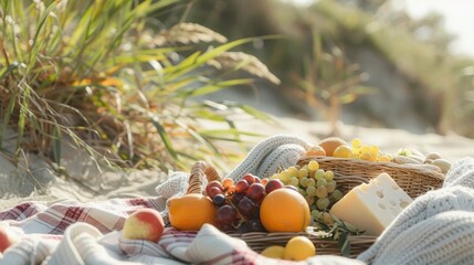Hi-Resolution photography of a picnic basket with fruits cheese