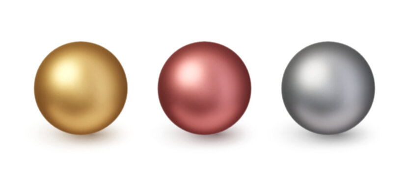 Gold, silver and bronze balls set. Realistic 3D chrome ball with shiny smooth surface and bright highlights.