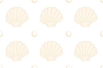 Seamless light pastel pattern with scallop shells and pearls on a transparent background. Perfect for beach-themed packaging, textiles, and elegant summer designs.

