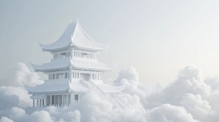 Floating white pagoda in clouds