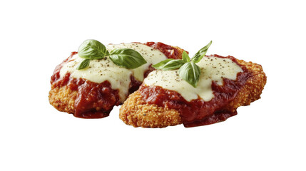 Obraz premium Two crispy breaded cutlets topped with marinara, mozzarella, and basil leaves, presented in a delectable culinary arrangement on a transparent background, PNG image, PNG file.