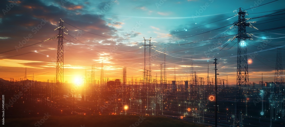 Poster futuristic smart grid technology showcasing real-time energy consumption data and efficient power ma