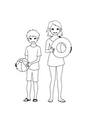 Cute happy children coloring book page. black and white .
