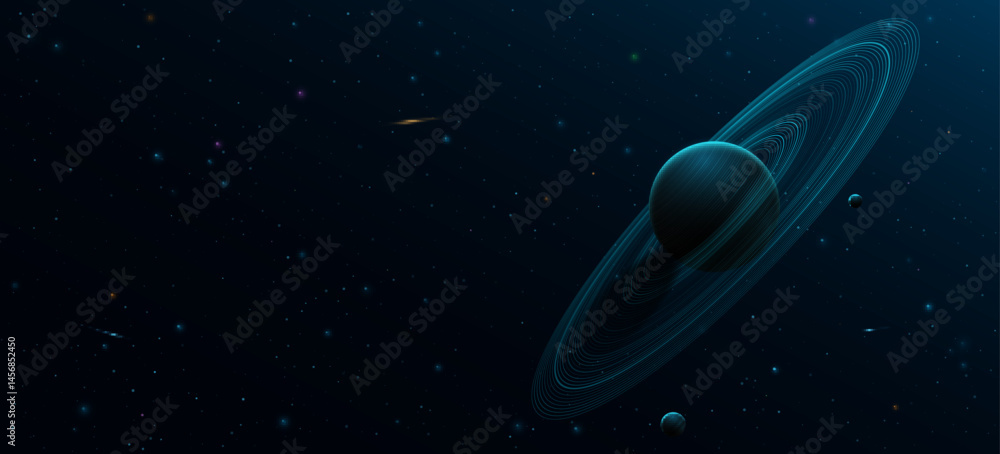 Poster 3d planet saturn with ring around and other planets. cosmic science background. abstract starry sky 