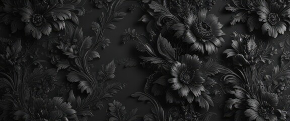 Luxurious black charcoal floral wallpaper with ornate detailing , gothic, damask