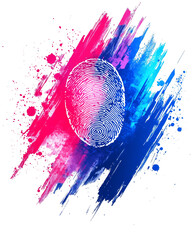 Vibrant fingerprint design with colorful splashes of pink and blue, symbolizing identity and security