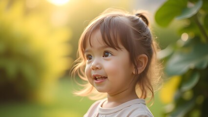 Fototapeta premium Adorable Little Girl Smiling in the Sunlight: A Portrait of Childhood Joy and Wonder
