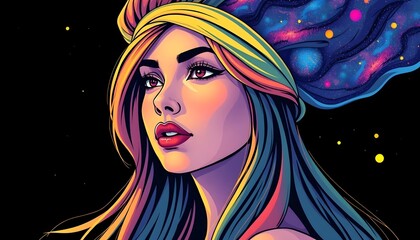 Naklejka premium Vibrant portrait of a dreamy woman digital art cosmic background colorful vibes