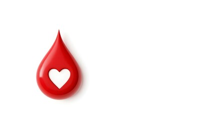 Bold Red Blood Drop with Heart Symbol on White Background &ndash; World Blood Donor Day Minimalist Design with Copy Space