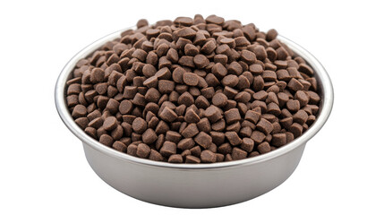 Pet food kibble overflowing in metal bowl, creating inviting presentation for animal feed suppliers and pet care businesses on a transparent background, PNG image, PNG file.