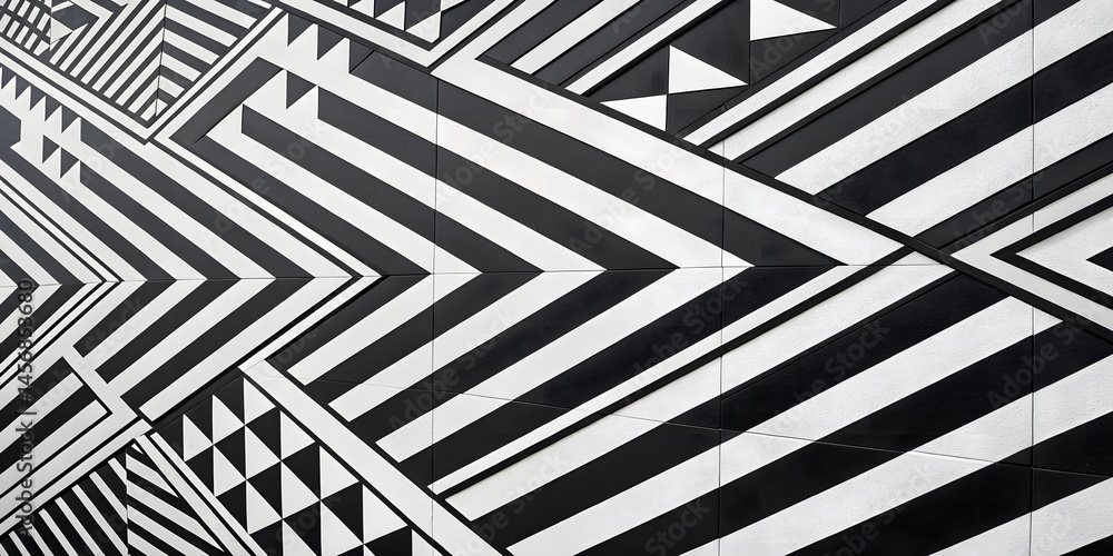 Poster striking monochrome geometric design, featuring bold black and white stripes, triangles, and interse