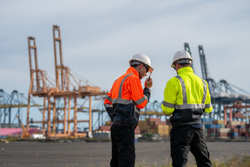 Industrial engineer workers operations marine port cranes loading and unloading of cargo ships global trade and supply chain import export environment monitoring responsible global economy.