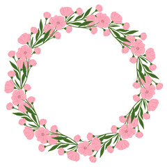 Flower and leaf frame. Floral round frame. Hand drawn simple botanical round frame, laurel, wreath with flowers. Elegant vector illustration for wedding invitation, card, logo.