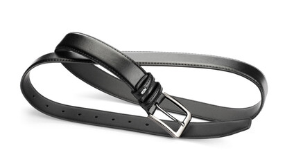 One black leather belt isolated on white