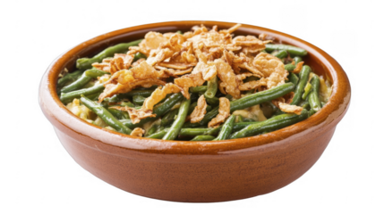 Green bean casserole in a rustic bowl, topped with crispy fried onions, presented on a transparent background, PNG image, PNG file.