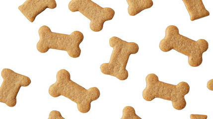 Dog treat biscuits arranged in pattern, bone shape snack for pet food product. Biscuit texture and detail shown, isolated on a transparent background, PNG image, PNG file.