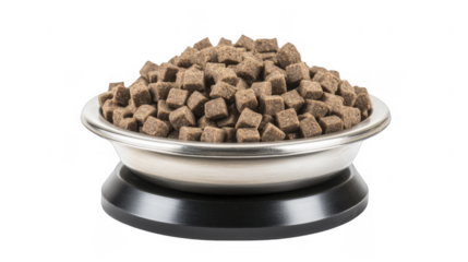 Abundant brown cube kibble fills a brushed metal pet dish to the brim, nutrition and diet for domestic animals, centered studio view on a transparent background, PNG image, PNG file.