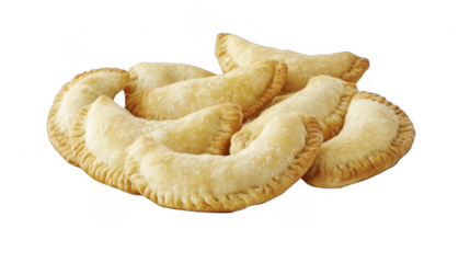 Golden brown empanadas, savory turnovers, filled with delicious fillings, prepared and stacked together as a portion, on a transparent background, PNG image, PNG file.