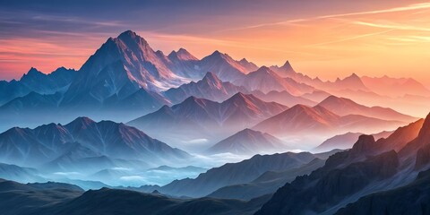 Obraz premium Majestic Sunrise Over Layered Mountains,APanoramic View Of Serene Beauty And Tranquil Atmosphere In Nature.Breathtaking Colors At Dawn