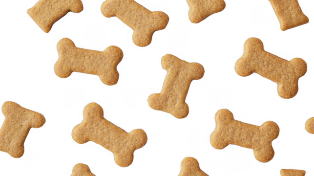 Dog treat biscuits arranged in pattern, bone shape snack for pet food product. Biscuit texture and detail shown, isolated on a transparent background, PNG image, PNG file.