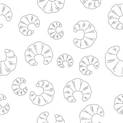 Seamless Pattern of Croissants in Black Outline Style, Minimalistic Aesthetic Design on White Background