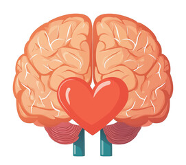 Colorful flat art style icon depicting brain with heart at its center, symbolizing connection between intellect and emotion