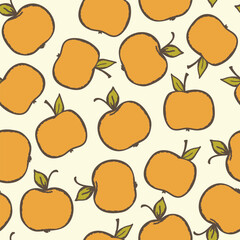Seamless pattern with apple on color background. Natural delicious fresh ripe tasty fruit. Vector illustration for print, fabric, textile, banner, design. Stylized apples with leaves. Food concept.