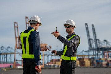 Industrial engineer workers operations marine port cranes loading and unloading of cargo ships global trade and supply chain import export environment monitoring responsible global economy.