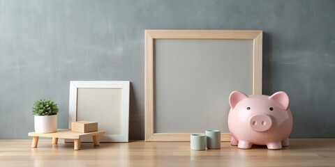 A minimalist home office scene featuring blank picture frames, a piggy bank, and small decorative elements on a light wood surface against a textured grey wall background