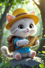 A funny cartoon vector illustration shows a pet cat enjoying nature in the garden