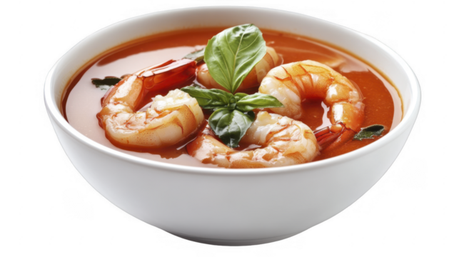 Bowl with shrimp in flavorful tomato broth, adorned with fresh basil garnish, offering appetizing presentation, on a transparent background, PNG image, PNG file.