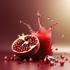 Red ripe pomegranate fruit and sweet juice in a glass with a vibrant splash, isolated for healthy eating