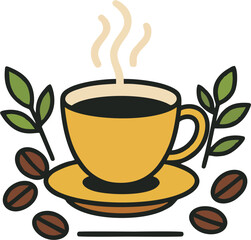 Flat Colorful Coffee Cup Vector with Beans and Leaves – Minimalist Cafe Logo Design on White Background