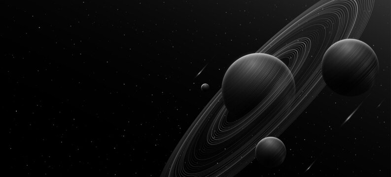 Cosmic science background. Abstract planet Saturn with ring around and swirling other planets. Night starry sky. Solar system concept. Scientific presentation backdrop. Vector illustration