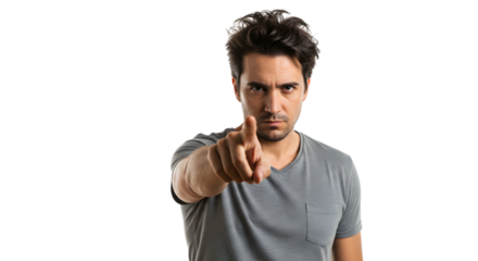 angry young man pointing at you isolated on white background