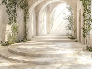 Fototapeta premium A beige, stone podium with archways and plants.