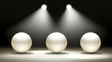 Three white spheres under spotlight beams on a dark stage