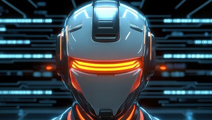 Futuristic robot head with glowing orange eyes, in front of a digital circuit background