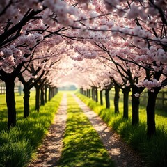 Naklejka premium Sunlit path through blossoming cherry trees.
