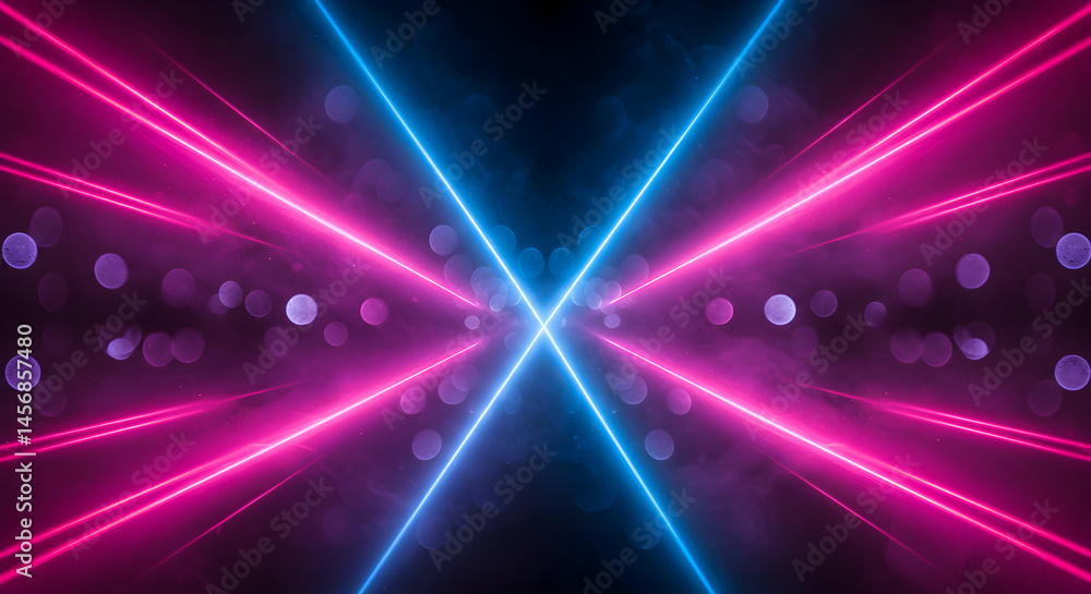 Poster abstract dark background with neon blue and pink glowing lines crossing each other forming an x shap